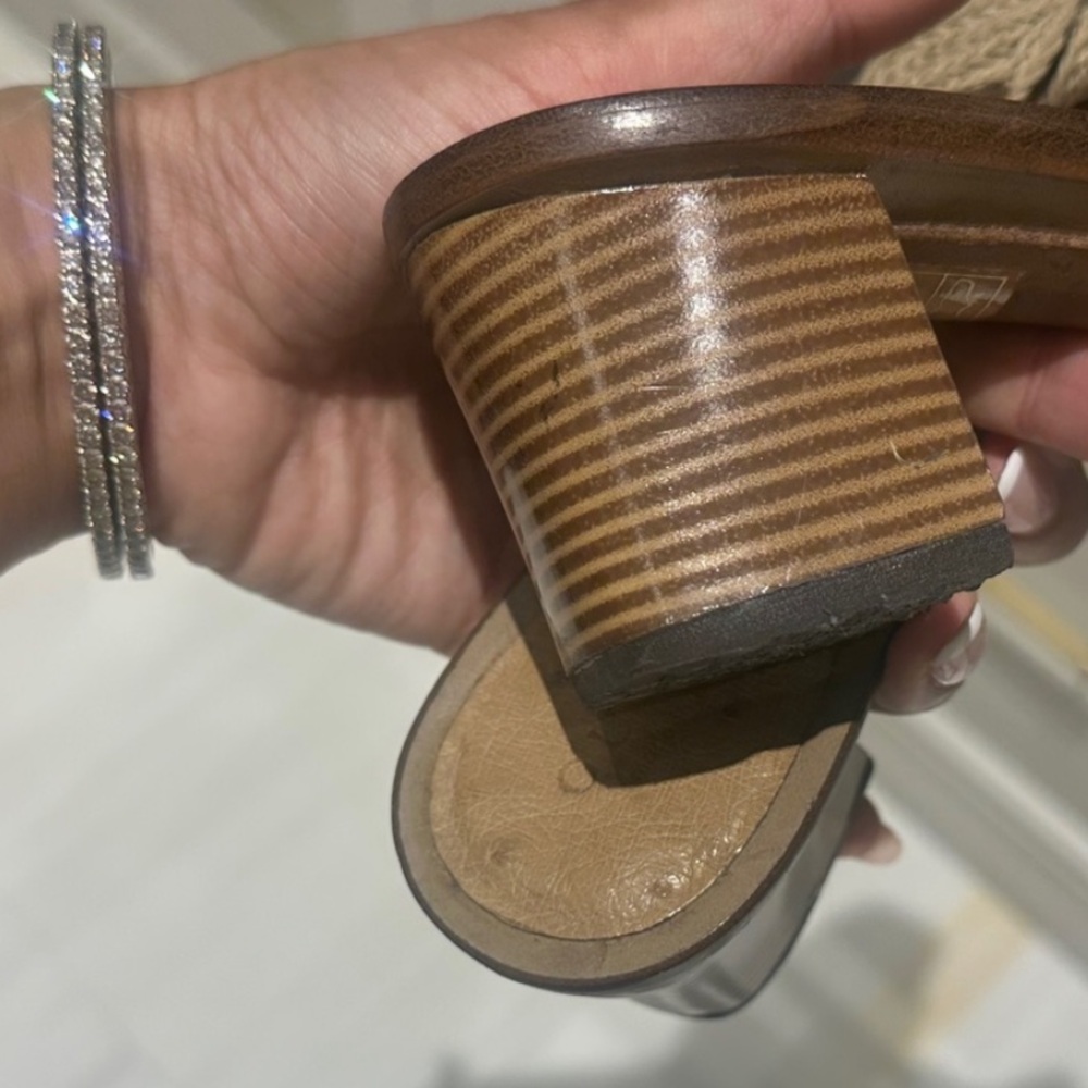 Gucci Vintage Beige Tan Exotic Ostrich Leather Woven Strap Block Heel Mules 37.5 - Picture 4 of 4